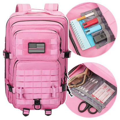 Hannibal Tactical MOLLE Assault Backpack, Tactical Backpack Military Army Camping Rucksack, 3-Day Pack Trip w/USA Flag Patch, D-Rings, Pink - color: Pink