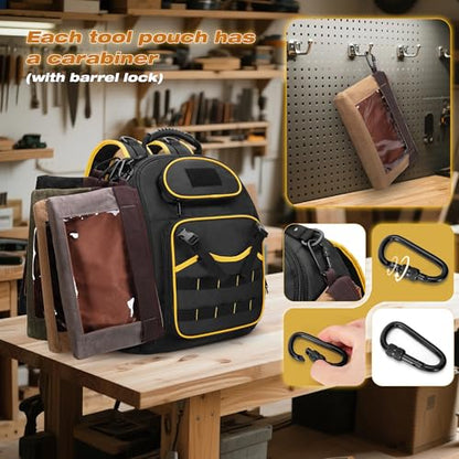 Marscamd 4 Pack Heavy Duty Tool Pouch with Carabiner, 12” Canvas Tool Pouch Bag with Clear Window (4 Colors: Black, Gray, Green, Khaki)