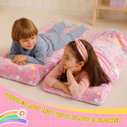 Preschool Nap Mat with Pillow and Blanket, 21" x 50" Glow Sleeping Bag Toddler Nap Mat for Daycare Kids, 2" Thick All in one Foldable Floor Mattress for Girl Boys - style: Rainbow Pattern
