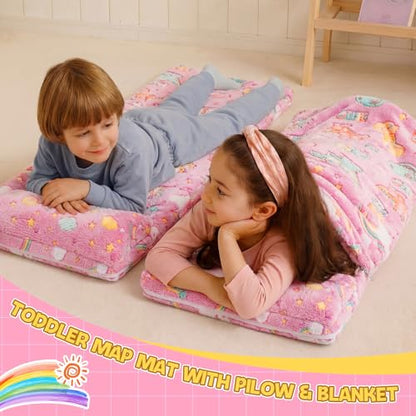 Preschool Nap Mat with Pillow and Blanket, 21" x 50" Glow Sleeping Bag Toddler Nap Mat for Daycare Kids, 2" Thick All in one Foldable Floor Mattress for Girl Boys - style: Rainbow Pattern