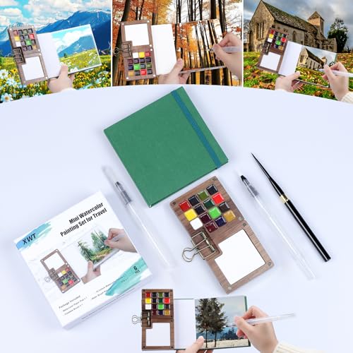 Mini Watercolor Paint Set, Portable Travel Art Kit with Wooden Palette, 15 Colors Pigments, Watercolor Pad, Water Brush Pens and Accessories for Artists - color: 15 Colors