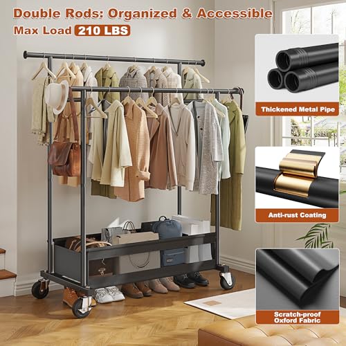 Clothes Rack, Double Rod, 210 LBS, Storage Basket, Black | Rolling Garment Rack with Lockable Wheels for Bedroom, Dorm, Apartment, Laundry Room – Space Saver, Tool-Free Easy Assembly - color: Black