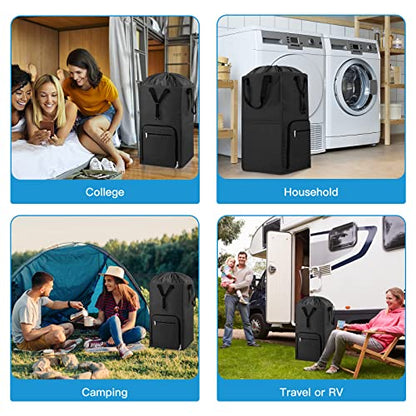 Laundry Backpack Bag, Bukere Extra Large 2 in 1 Laundry Hamper Basket for College Students Dorm Essentials, Adjustable Shoulder Straps, Freestanding Laundry Bag - color: Black