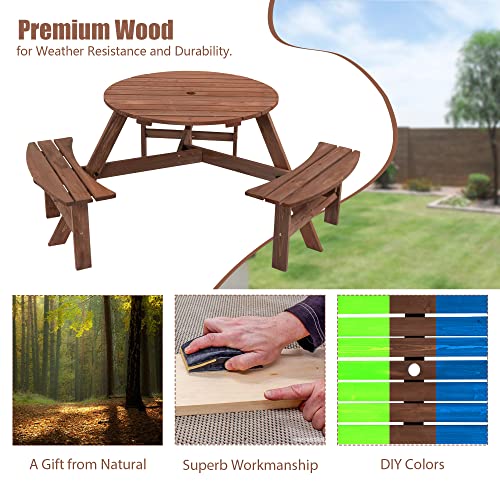 6 Person Circular Outdoor Wooden Picnic Table Sets for Patio Backyard Garden DIY w/ 3 Built-in Benches 1720lb Capacity,Brown - color: Brown-6-round