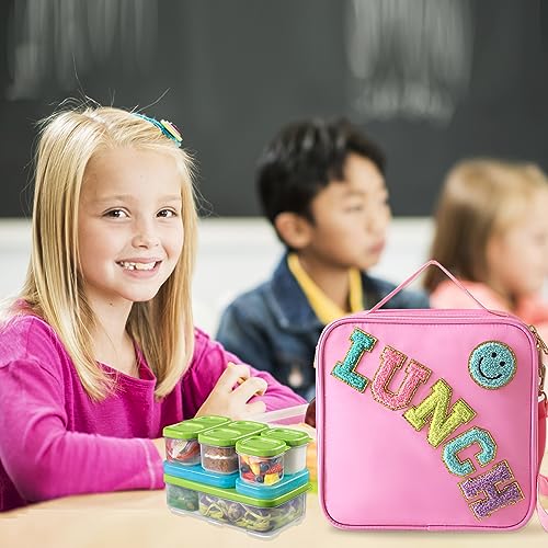 Insulated Lunch Bag With Adjustable Shoulder Strap, Nylon Preppy Lunch Box Large Insulated Lunch Bag Reusable Lunch Tote Bag with Smiley Preppy LunchBag for Girls School Travel Picnic (Pink) - color: Pink