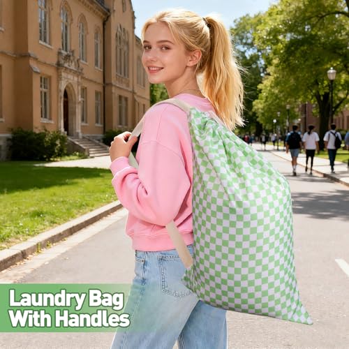Laundry Bag, Dirty Backpack Laundry Bag For College Travel Laundromat Apartment, With Handles 29" X 18" (Green White Checkered) - color: Green White Checkered