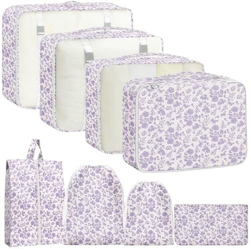 Packing Cubes for Travel - 8 Set Luggage Organizer Bags for Family, Mesh Breathable Packing Cubes for Suitcases Durable Travel Essentials Bags Set - color: Purple Floral
