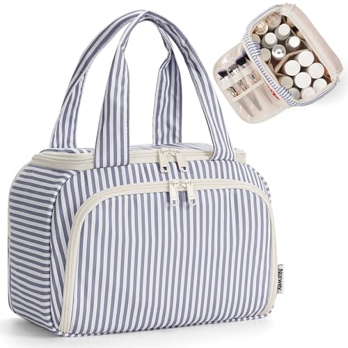 Narwey Striped Travel Toiletry Bag for Women Large Makeup Bag, Wide-open Cosmetic Make Up Organizer with Handle, Travel Bag for Toiletries, Essentials, Accessories (Greyish Blue Stripe) - color: Y-Greyish Blue Stripe