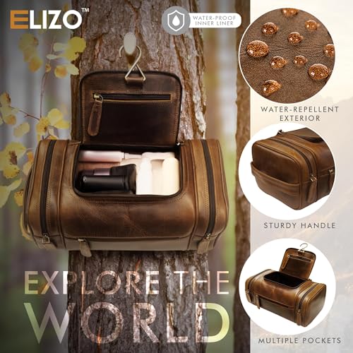 ELIZO Genuine Leather Toiletry Bag for Men Mens Toiletry Bags for Traveling Waterproof Hanging Leather Dopp Kit w/Hook Extra largeToiletry Bag Travel Organizer for Toiletries - size: X-Large