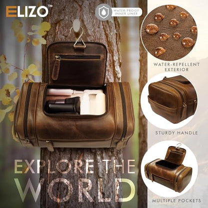 ELIZO Genuine Leather Toiletry Bag for Men Mens Toiletry Bags for Traveling Waterproof Hanging Leather Dopp Kit w/Hook Extra largeToiletry Bag Travel Organizer for Toiletries - size: X-Large