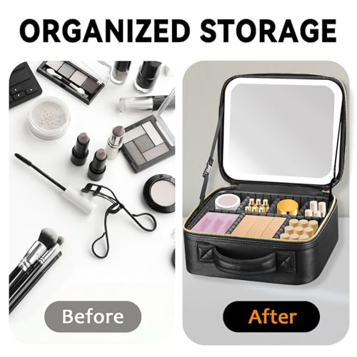 Makeup Bag with LED Mirror, Three-level Adjustable Brightness, Travel Makeup Case with Removable Lighted Mirror, Adjustable Dividers and Brush Storage Board