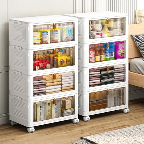 YFXCVSL 4 Tier Plastic Storage Bins with Lid 36QT, Stackable Storage Containers with Wheels, Folding Storage Boxes, Stackable Storage Bins, Organizers and Storage for Living Room,Office,Dorm - size: 4-Tier 36QT