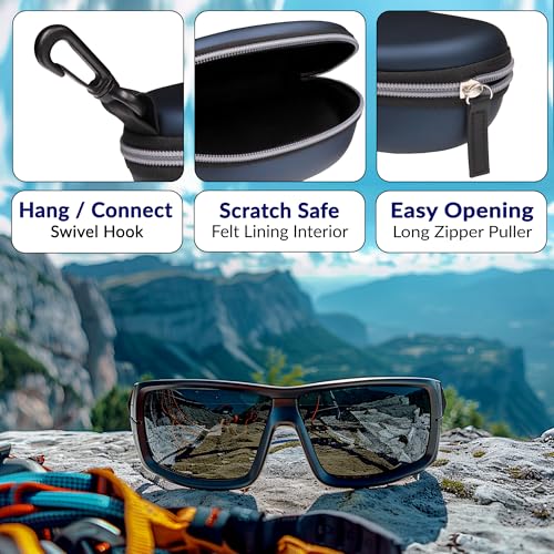 MyEyeglassCase Sports Sunglasses Case and Slim wallet Semi hard large glasses case w/belt clip soft pouch & cloth - color: B15hc Blue/Blue