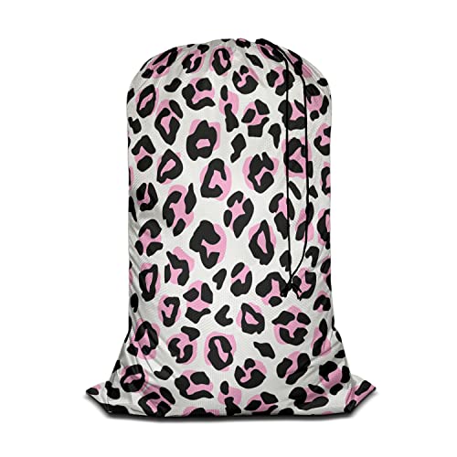 Swono Leopard Print Laundry Bags With Drawstring XL Storage Bags 28"x40", Heavy Duty Multi Use, Animal Skin Repeat Pattern Washable Dirty Clothes Organizer, Easy Fits Laundry Hamper Basket, Pink Black - color: Leopard Print
