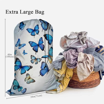 Swono Beautiful Blue Butterflies Large Dirty Clothes Laundry Bag for Laundry Basket Hamper, Flying Animal Garden Fairy Tale Machine Washable Dirty Clothes Organizer - color: Beautiful Blue Butterflies
