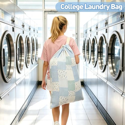 Laundry Bag, Dirty Backpack Laundry Bag For College Travel Laundromat Apartment, With Handles 29" X 18" (Blue Floral Plaid) - color: Blue Floral Plaid