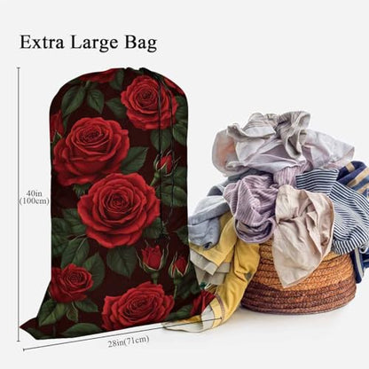 Swono Red Roses Drawstring Closure Dirty Clothes Bag Organizer, Heavy Duty Large Laundry Bag, Summer Flower Leaf Stem Blossom Botanical Rip-Stop Bags for Camp Travel, Machine Washable - color: Red Roses