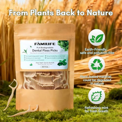 FAMILIFE Eco-Friendly Floss Picks (100Pcs) - Plant Based Dental Floss Picks with Strong Toughness, Natural Tooth Picks Flossers for Adults Daily Oral Cleaning & Gentle Gum Care, Mint Flavor - color: Beige 100 Pcs