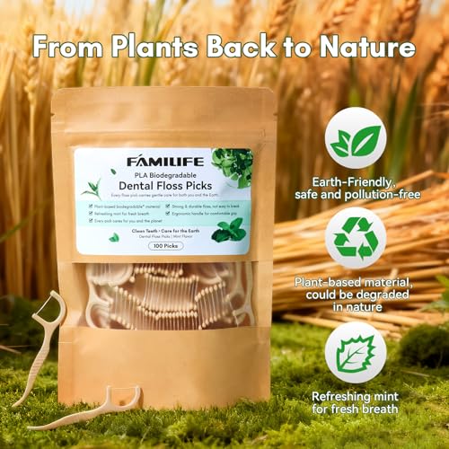 FAMILIFE Eco-Friendly Floss Picks (200Pcs) - Plant Based Dental Floss Picks with Strong Toughness, Natural Tooth Picks Flossers for Adults Daily Oral Cleaning & Gentle Gum Care, Mint Flavor - color: Beige 200 Pcs
