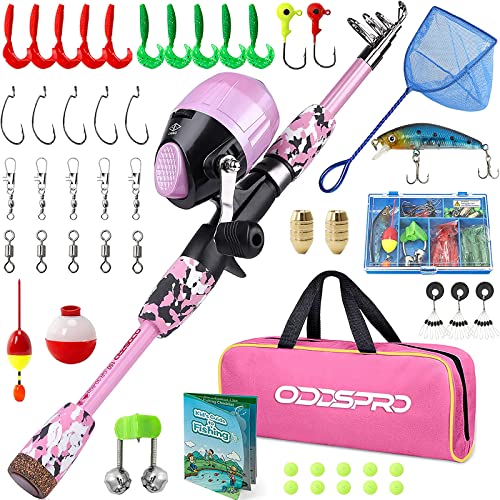 ODDSPRO Kids Fishing Pole Pink, Portable Telescopic Fishing Rod and Reel Combo Kit - with Spincast Fishing Reel Tackle Box for Girls, Youth - color: Light Pink+Net, size: 4.92 ft