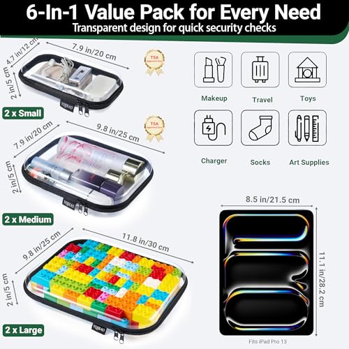 YQBRAO 6 Pack Sleek Black Clear Hard Shell Zipper Case, 1.2mm Heavy Duty Tech & Cosmetic Bags, Crush-Proof Electronic Storage & Makeup Organizer for Travel, Tools & Diaper Bag (2L+2M+2S) - color: Black, size: 6 Pack (2L+2M+2S)