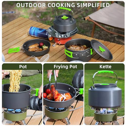 aiGear 3pcs Camping Cooking Set for 1-2 People, Lightweight Foldable Pot Pan Kettle with Storage Bag, Backpacking Cooking Set for Hiking Picnic Camping - color: Green