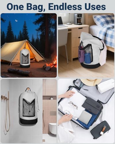 Laundry Bag with Shoulder Straps and Mesh Pocket Laundry Backpack Large Portable Laundry Hamper for College Laundromat Apartment - color: White & Black