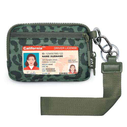 Small Nylon Wristlet Wallet for Women, Minimalist Zip Keychain Coin Purse Card Case with Clear ID Window, Water-Resistant Pouch - color: Sage Green Leopard
