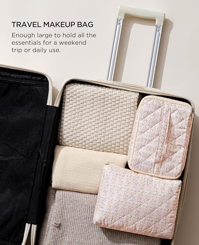 HBselect 2Pcs Travel Makeup Bag, Large Cotton Quilted Makeup Bag Cosmetic Bag Cute Make up Bag Toiletry Bags for Women Girls - color: 2PCS-FLOWER4