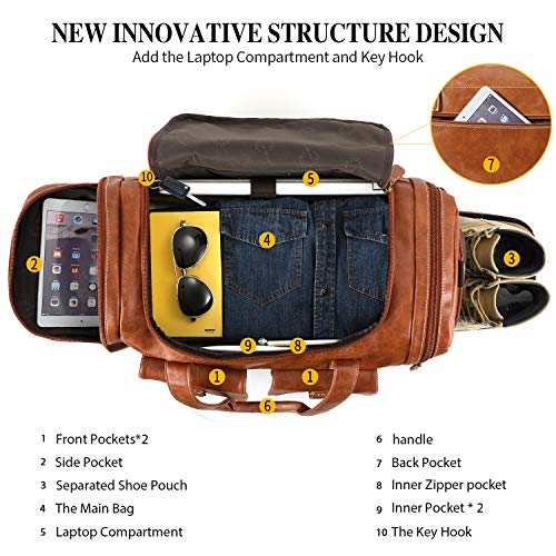 Zeroway PU Leather Travel Duffel Bag with Shoe Pouch Large Carry on Bag Waterproof Weekender Overnight Bag for Men Women Brown - color: Brown