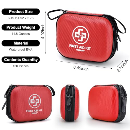 Mini First Aid Kit - 150 Piece Small Waterproof Hard Shell Medical Kit for Home, Car, Travel, Camping, Truck, Hiking, Sports, Office, Vehicle & Outdoor Emergencies- Small First Aid Medical Kit (Red) - color: Red