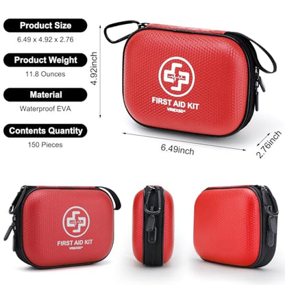 Mini First Aid Kit - 150 Piece Small Waterproof Hard Shell Medical Kit for Home, Car, Travel, Camping, Truck, Hiking, Sports, Office, Vehicle & Outdoor Emergencies- Small First Aid Medical Kit (Red) - color: Red