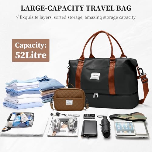 Weekender Bags for Women,Extra Large Travel Duffle Overnight Bag with Shoe Compartment,Personal Item Carry On Bag with Grid Toiletry Bag,Black & Brown - color: BlackBrown-2230, size: Extra Large