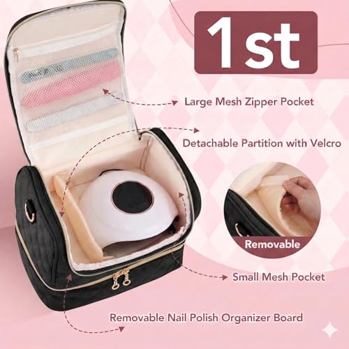 BAGCRAZY Nail Polish Organizer Case, Double Layer Nail Supplies Storage Bag holds 24 Bottles & UV/LED Lamp, Quilted Portable Manicure Travel Case with 8 Pcs Tools, for Nail Tech, Home & Salon, Black - color: Black