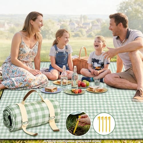 Extral Large Outdoor Waterproof Picnic Blanket With Shoulder Strap, 80"X80" 3-Layer Windproof Foldable Picnic Mat with Corner Nails, Machine Washable, Camping, Lawn Park Grass, Travel, Beach, Green