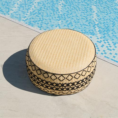 Outdoor Inflatable Ottoman with Air Pump, Embroidery Patio Footrest Stool D21”x H9”, Round Pouf Ottoman with Portable Handle Suitable for Garden, Camping, Bedroom, Living Room - color: Black Embroidery
