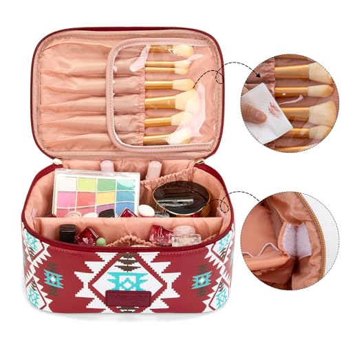 Montana West X Wrangler Travel Makeup Bag 2pcs Set Large Cosmetic Bag with Makeup Brush Holder Portable Make Up Organizer Cute Toiletry Bag with Divider and Handle for Women Aztec - color: Aztec-Red