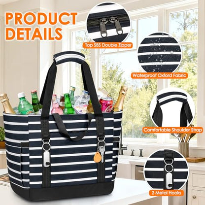 Cooler Bag Insulated, Soft Side Cooler, Reusable Grocery Bags with Zipper Closure, Thermal Leakproof Large Insulated Tote Bag for Hot/Cold Food for Grocery, Beach, Travel, Picnic - color: Black and White