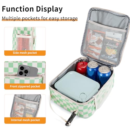 Lunch Box for Women Men Adult Insulated Lunch Bag Women Men Small Reusable Lunchbox for Work Picnic Travel (Beige-Light Green Plaid) - color: Beige-Light Green Plaid