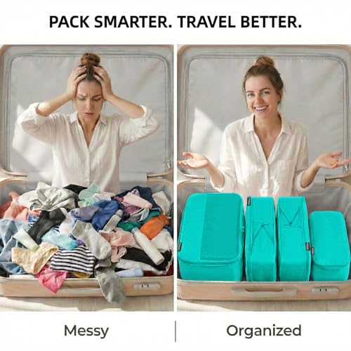4 Piece Compression Packing Cubes for 3–7 Day Travel, Space Saving Travel Organizers with Breathable Mesh, Double-Zipper Packing Cubes for Carry-On & Suitcases (Teal) - color: Teal