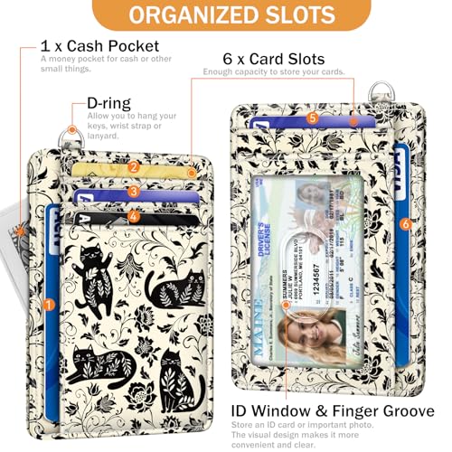 Yonlevres Card Holder Small Wallet Women, Black Cat Flowers RFID Blocking Slim Cute Credit Card Wallet, Front Pocket Travel Thin ID Window PU Leather Mini Organizer Case Purse Gifts Woman Girls Ladies - color: Cat Floral