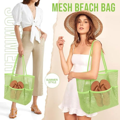 KPX Beach Bag with Mini Pocket, Summer Beach Tote Bags for Women Large Foldable Mesh Swimming Pool Travel Bags - Sandproof - color: Green