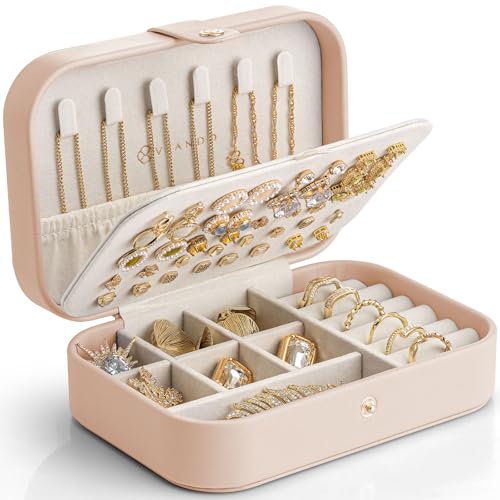 VLANDO Travel Jewelry Case, PU Leather Travel Jewelry Box with Earring Holder, Portable Display Mini Jewelry Case for Mothers Day Women Girls Gift - Nude Pink - color: G.Nude Pink