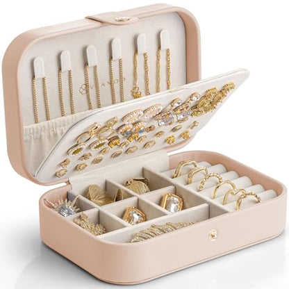 VLANDO Travel Jewelry Case, PU Leather Travel Jewelry Box with Earring Holder, Portable Display Mini Jewelry Case for Mothers Day Women Girls Gift - Nude Pink - color: G.Nude Pink