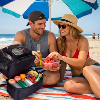 Mesh Beach Drawstring Backpack with Cooler Beach Bags Sandproof Swim Bags Leakproof with Zipper for Seaside Pool Travel - color: Black