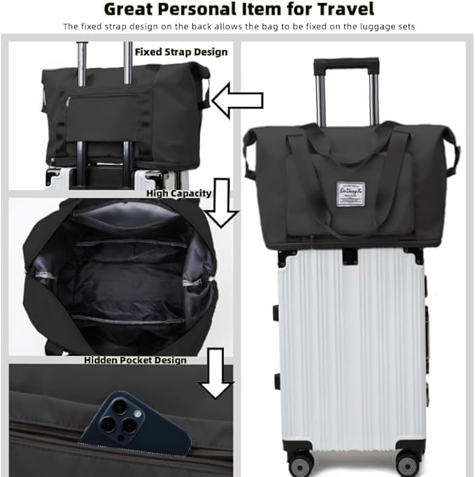 Large Capacity Foldable Travel Bag, Expandable lightweight Carry on Bag, Dry with Wet Separation Spor Duffel Bags (Black+Toiletry Bag) - color: Black+Toiletry Bag