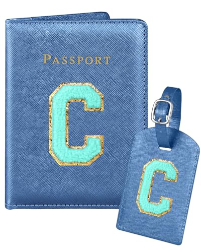 Slohif Passport Holder Initial Lugguage Tag Set Suitcase Cover Wallet Case for Travel Women - Leather Letter Passport Book Personalized Organizer Card Protector Sleeve Essentials Slim Carrier Blue C - color: Blue, style: C