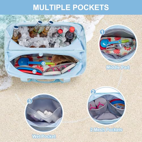 Yarwo Beach Bag for Women, Sandproof Swim Tote Bag with Cooler Compartment and Wet & Dry Pockets for Pool Cruise Vacation - color: Blue