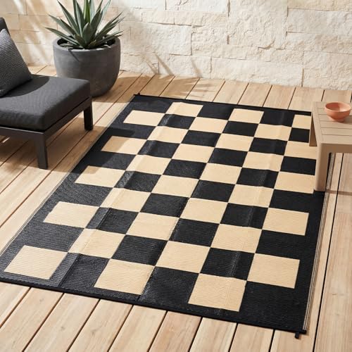 8x10 Checkerboard Outdoor Rug, Reversible Woven Plastic Straw Patio Mat, Checkered RV Camping Carpet with Corner Loops for Deck, Picnic, Balcony, Portable Floor Mat, Black & Brown - color: Black/Brown, size: 8' x 10' (Rectangular)