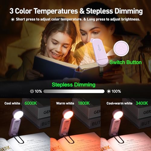 VAVOFO USB Rechargeable Book Light, Blue Light Blocking, Amber Light Clip On Bookmark Shaped Reading Light, Eye Care 6 LEDs Book Light for Bookworms Reading in Bed with 9 Lighting Modes (Pink Purple) - color: Pink Purple